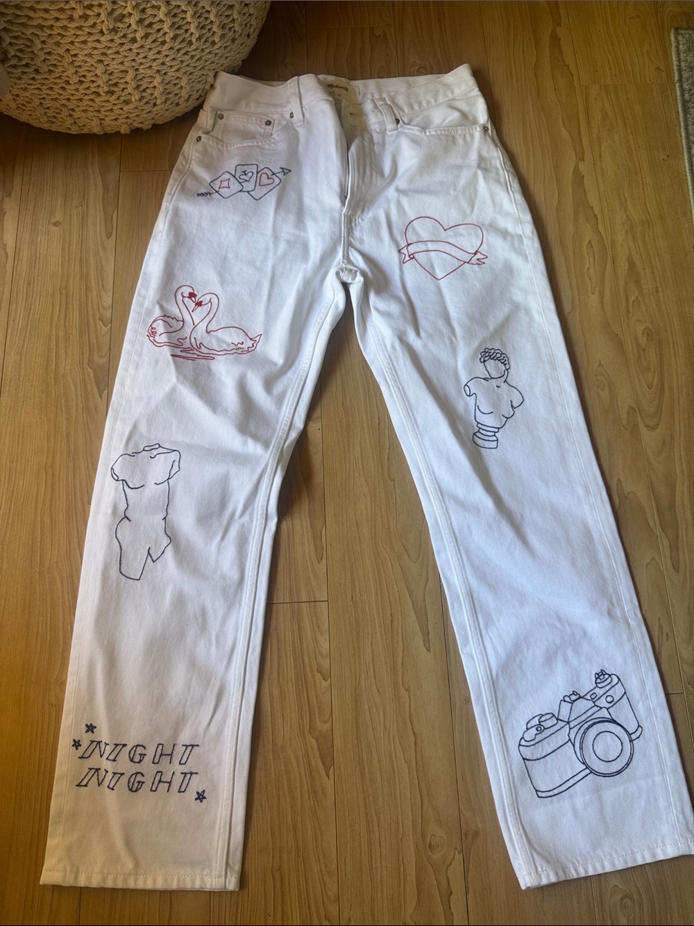 Madewell White Straight-Leg Jeans with Red & Black Line Art